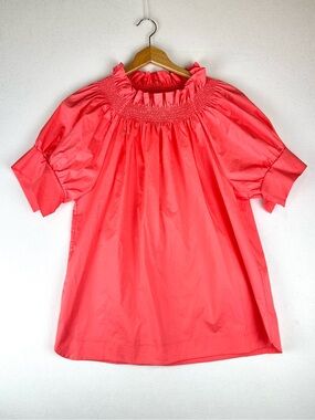 Monica Nera Franka Oversized Poplin Cotton Top Smocked Peasant Blouse NWT Coral
